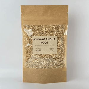 Ashwagandha (Withania somnifera) root, cut and dried. Herbal remedy for relaxation